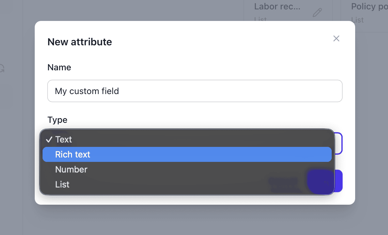 New attribute dialog for defining a custom endorsement criterion and its type