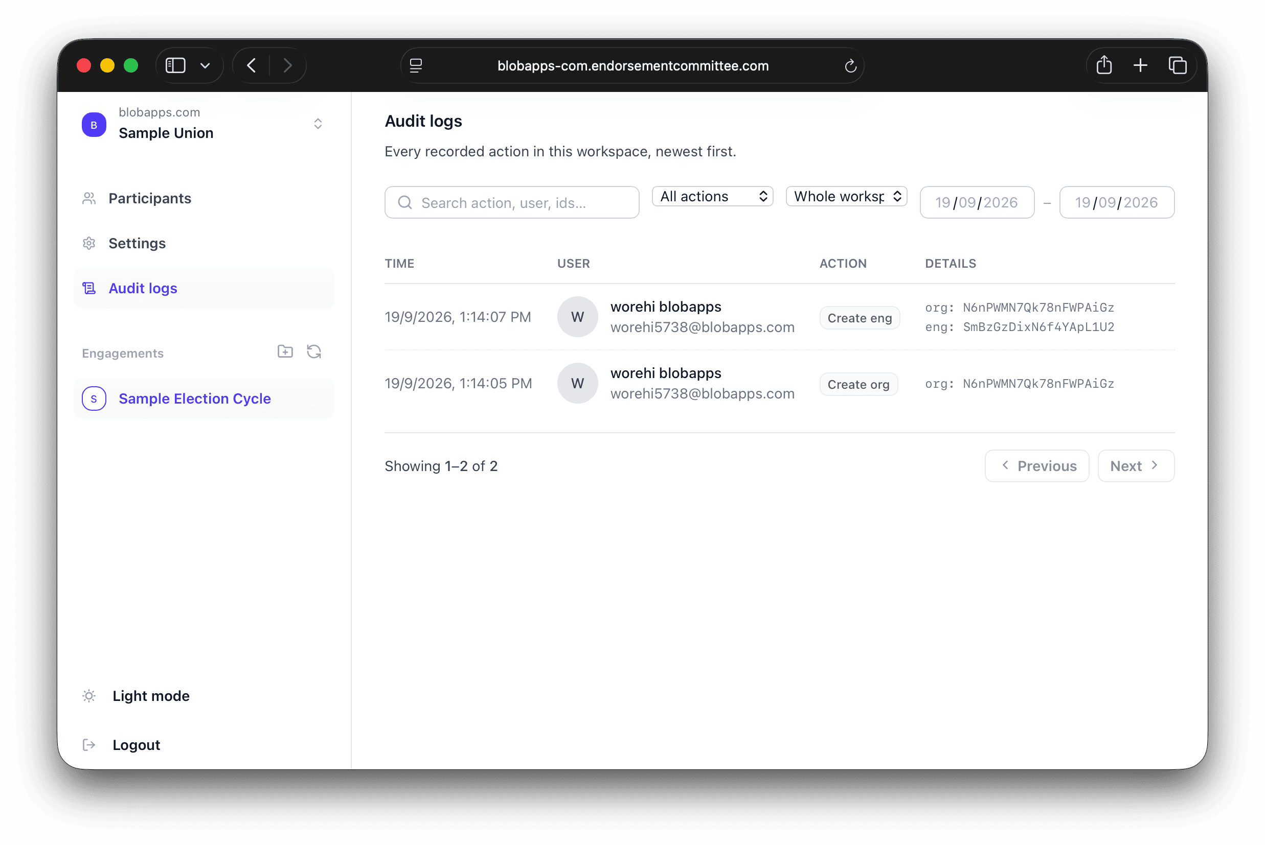 Audit log screen listing every recorded action in the workspace, newest first