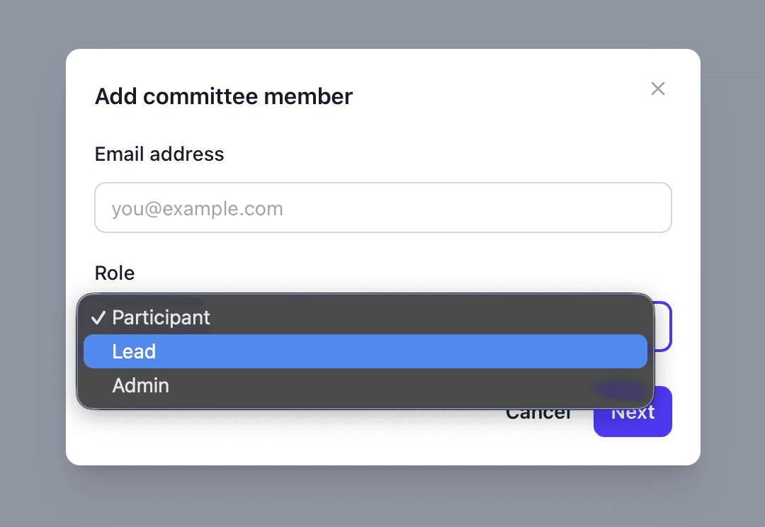 Add committee member dialog with role selection