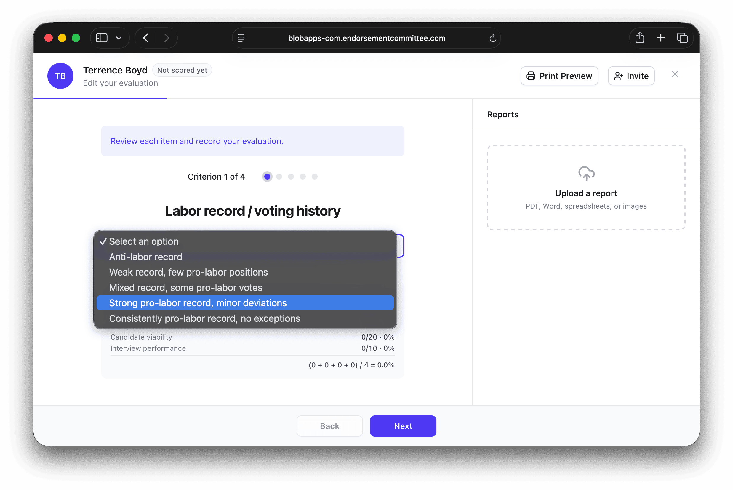 Evaluation screen scoring a candidate's labor record and voting history, with the score updating live